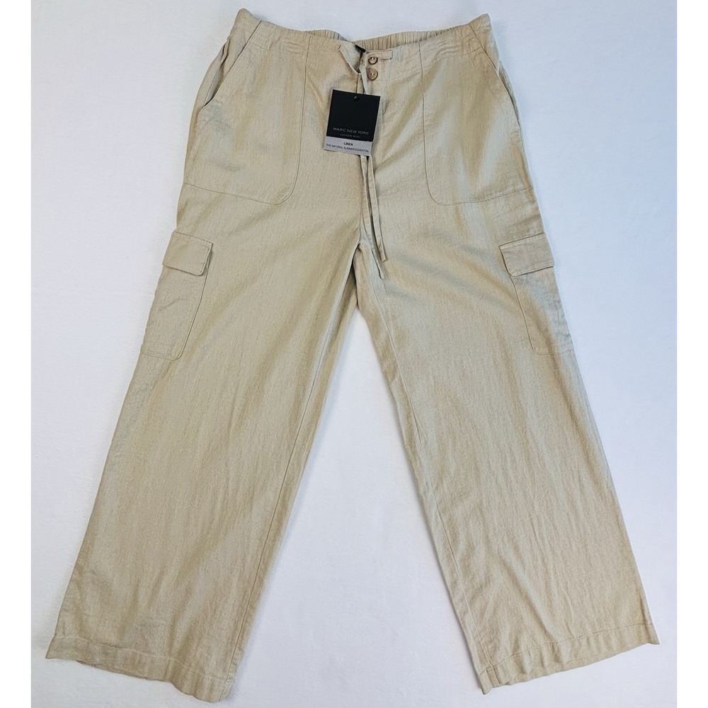 Marc New York Linen Cargo Pants Women's L Latte Beige Tan Wide Leg Utility NWT